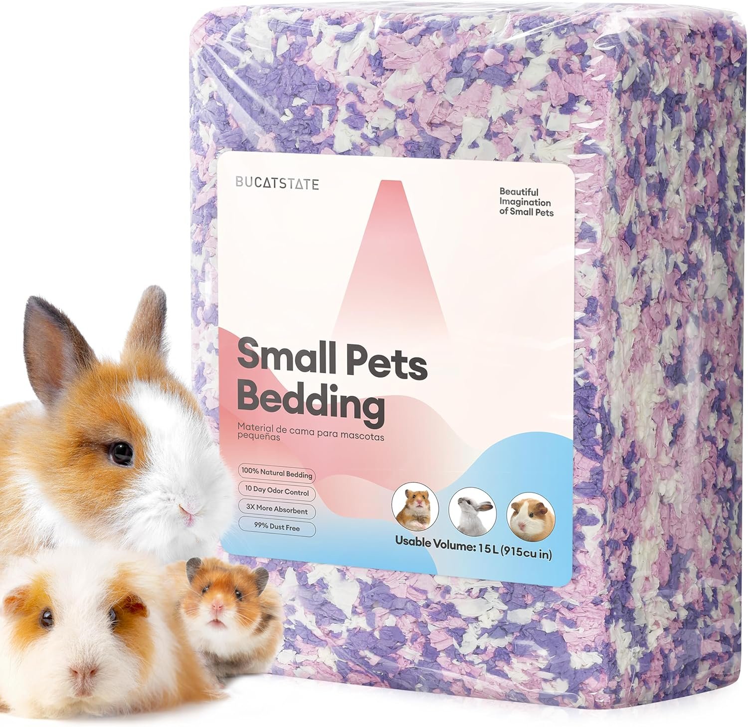 BUCATSTATE Hamster Bedding 15L, 99% Dust-Free Paper Bedding, Lavender | FSC-Certified Paper Bedding, Compactly Packed to Expand 3X, with Vibrant Color and Odor Control for Guinea Pigs and Rabbits