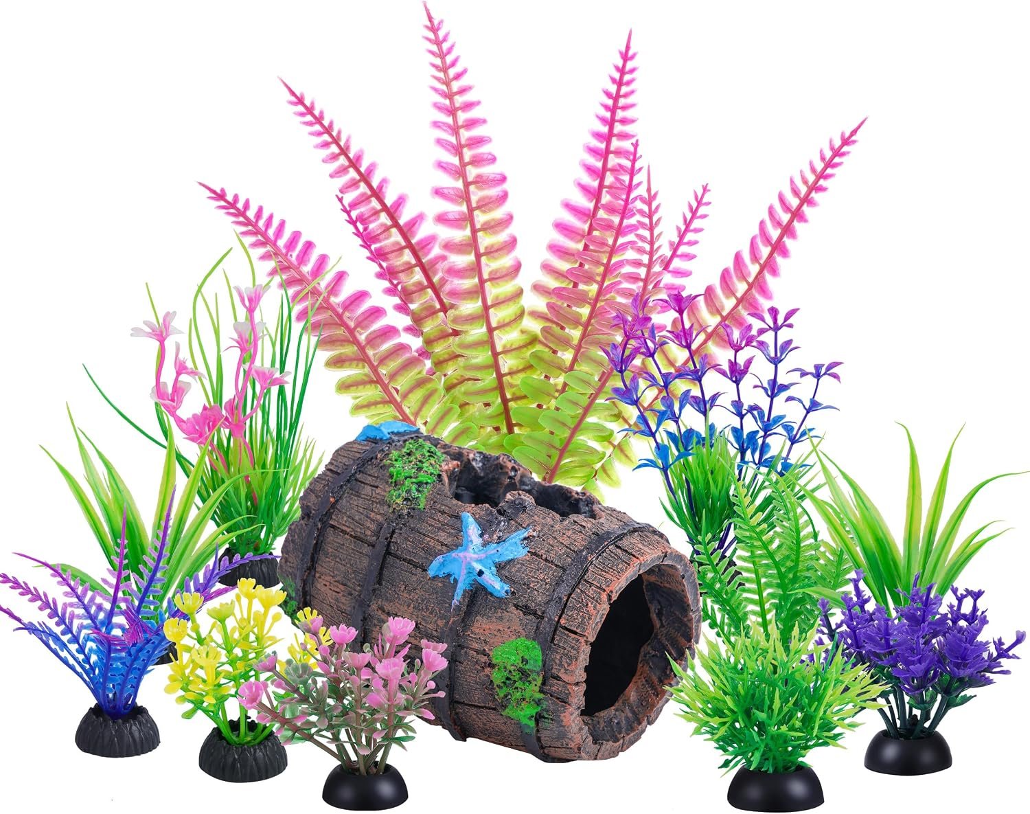 Ameliade 11 Aquarium Plants & Fish Tank Broken Barrel Cave Decorations Set | Broken Barrel Cave and Soft Artificial Plastic Plants Decor Accessories for Betta Goldfish Tank, Small Fish Bowl Ornaments