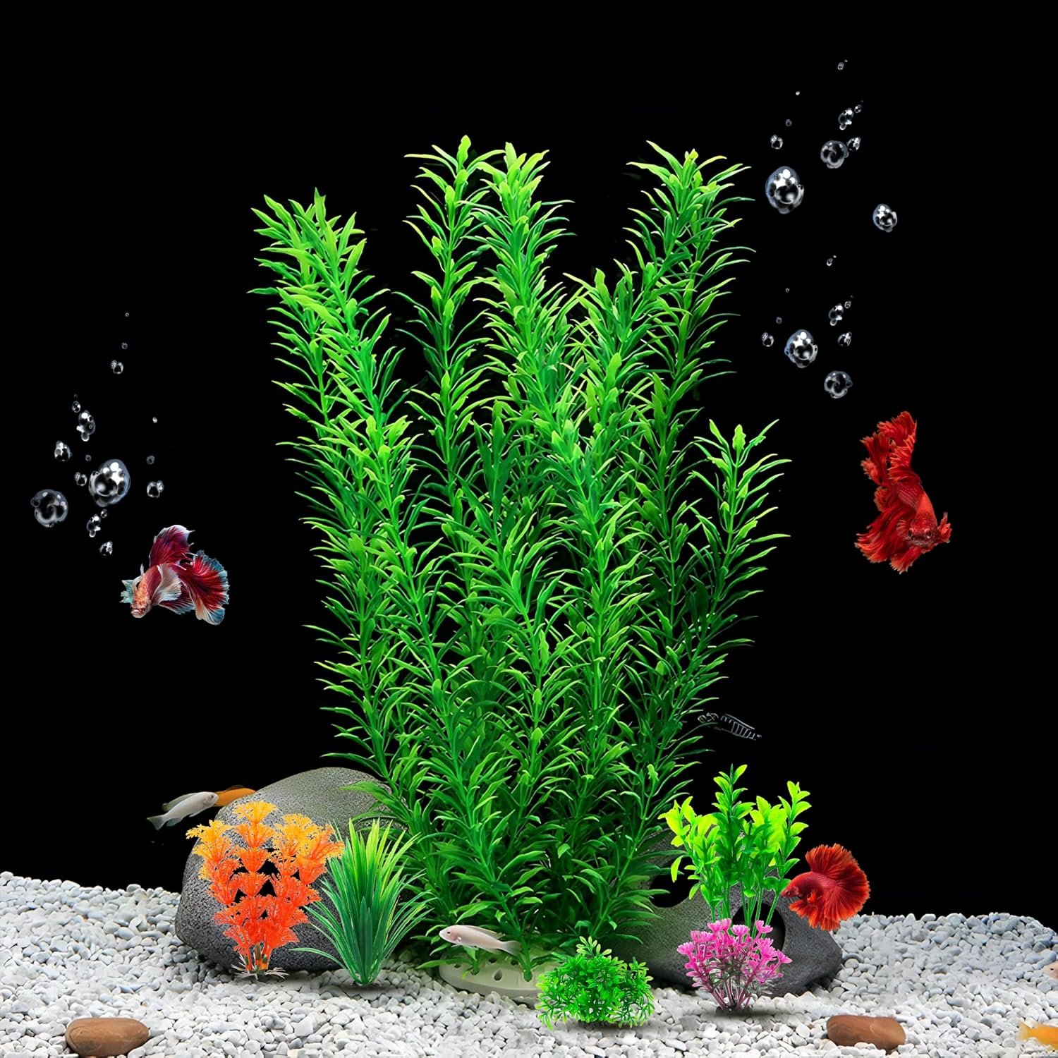 CousDUoBe 21 Inch Aquarium Plants Set Tall Fish Tank Plants – Realistic Artificial Fish Tank Decorations (1 Pcs Large Green Fish Tank Plants, 5 Pcs Small Plants)