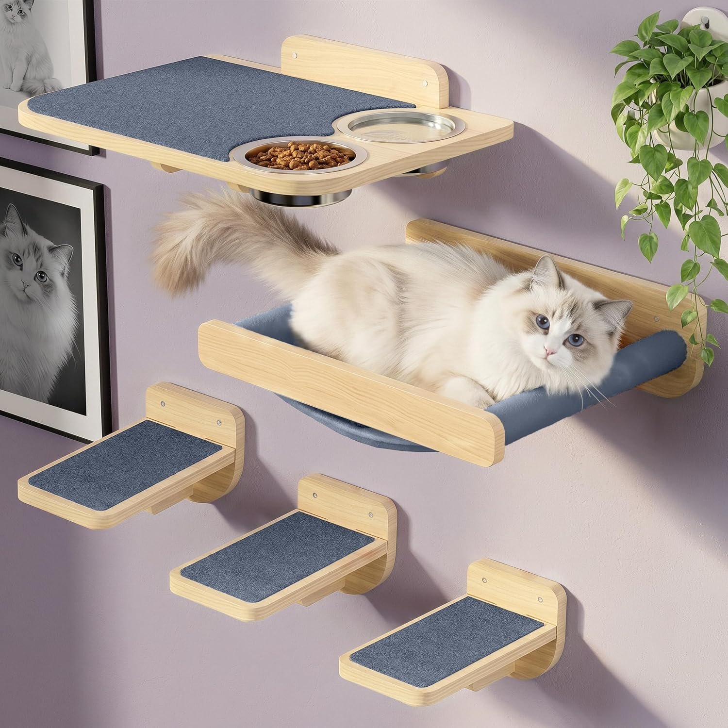 Cat Wall Shelves – Wall Mounted Cat Shelves with Feeding Station | Natural Wood Finish, Solid Pinewood, Gray Carpet, Supports Up to 33 lbs, Stainless Bowls, Dog-proof, Lounging, Climbing