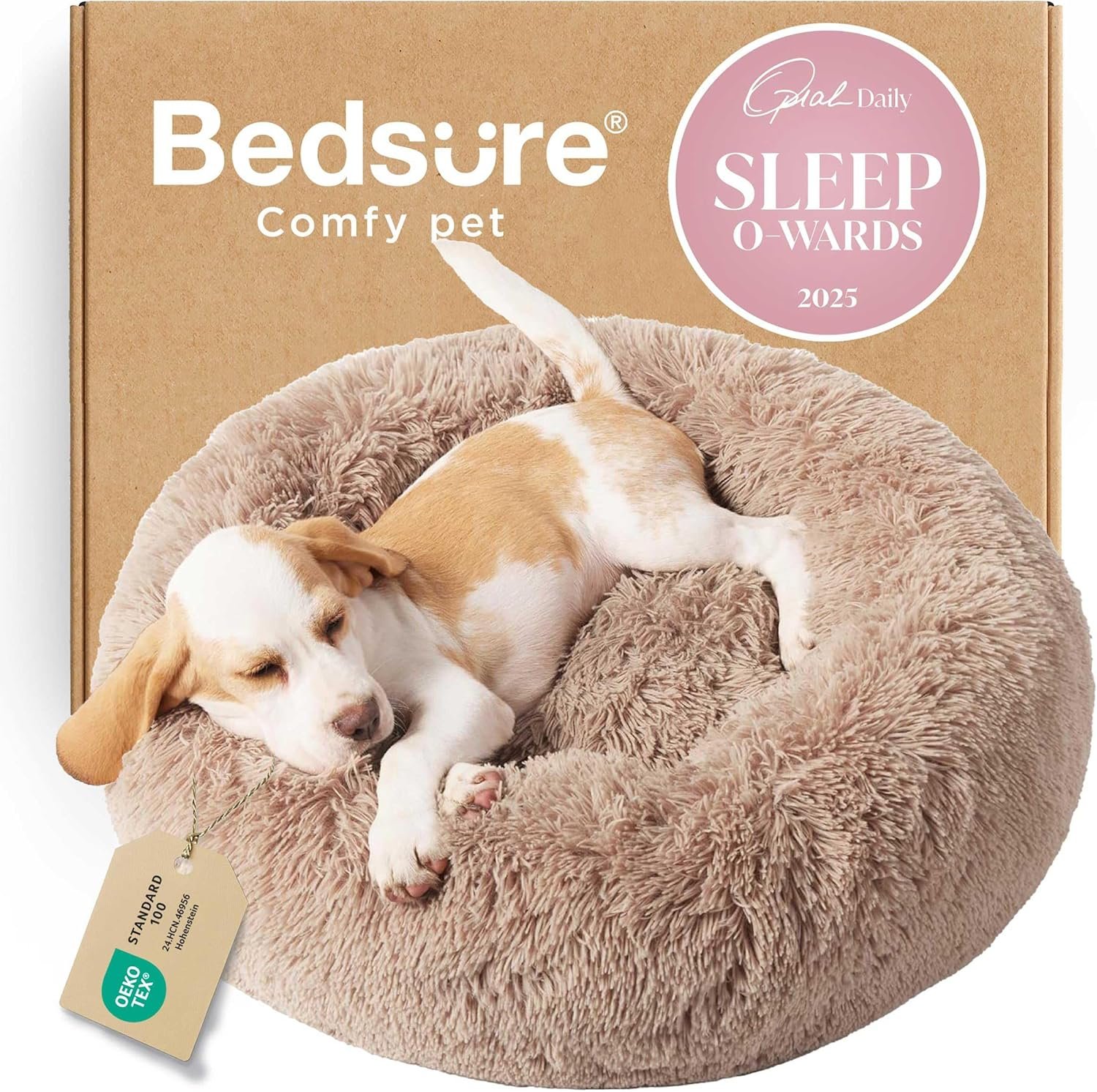 Bedsure Calming Small Dog Bed Donut Washable Cat＆Puppy Bed,23 inches Camel | Oprah Daily Award,Fluffy Faux Fur Round Cuddler,Anti-Slip Bottom,Anti-Anxiety,Deep Sleep for Large Cat & Pets Up to 25 Lbs