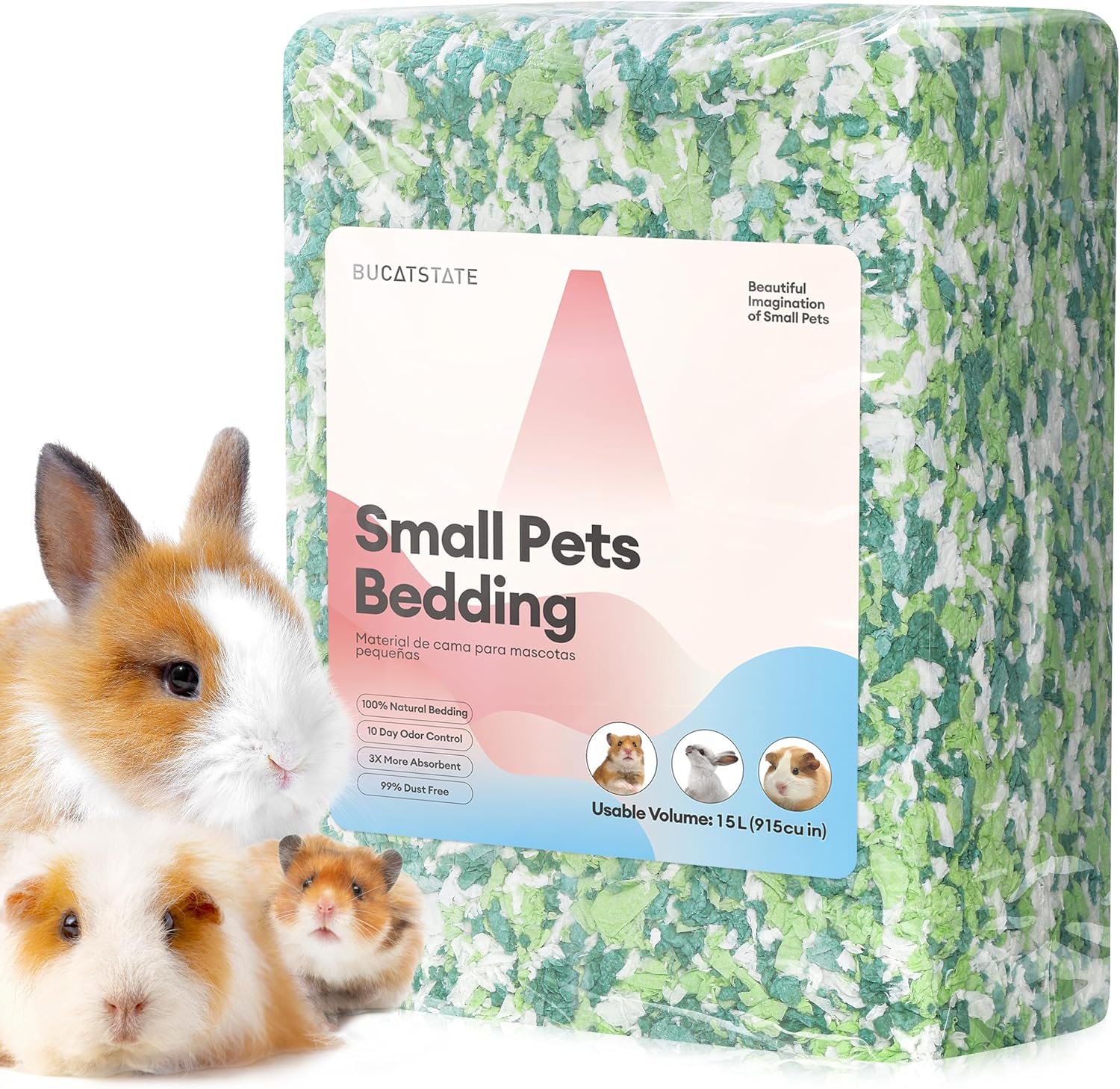 BUCATSTATE Hamster Bedding 15L, 99% Dust-Free Paper Bedding, Green | FSC-Certified Paper Bedding, Compactly Packed to Expand 3X, with Vibrant Color and Odor Control for Guinea Pigs and Rabbits