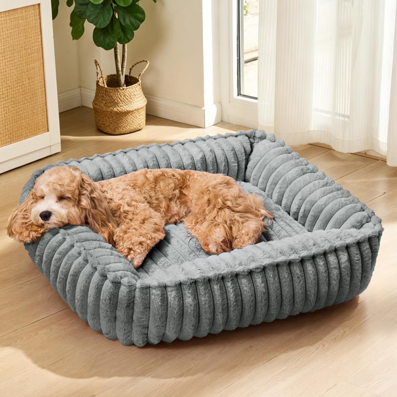 Medium Dog Bed Calming Cat Bed for Indoor Cats 24’’x20’’SageGrey | Rectangle Orthopedic Pet Sofa Bed, Washable Anti-Anxiety Soft Puppy Couch, Nonskid Bottom Furry Cuddler Up To 15 lbs