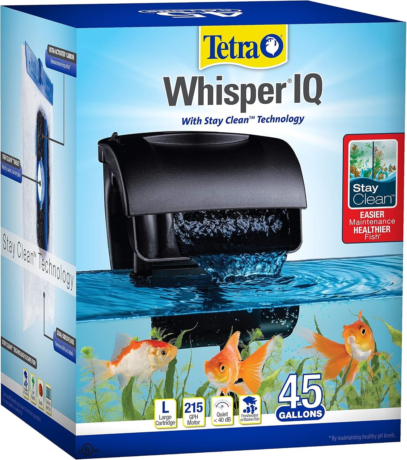 Tetra Whisper IQ Power Filter 45 Gallons, 215 GPH, with Stay Clean Technology