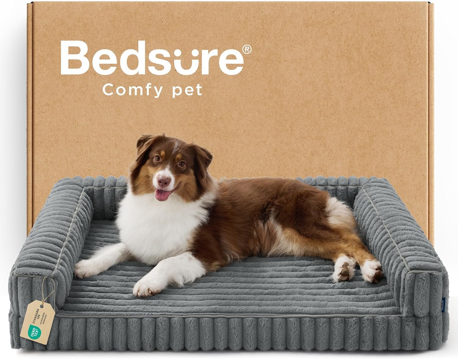 Bedsure ComfyFleece™ Memory Foam Orthopedic Dog Beds Large Sized Dog 35″ | Comfort Egg-Crate Foam Couch Sofa, Washable Corduroy Cover,Cozy Bolstor Waterproof Pet Bed with Sides,Non-Slip Bottom,Grey