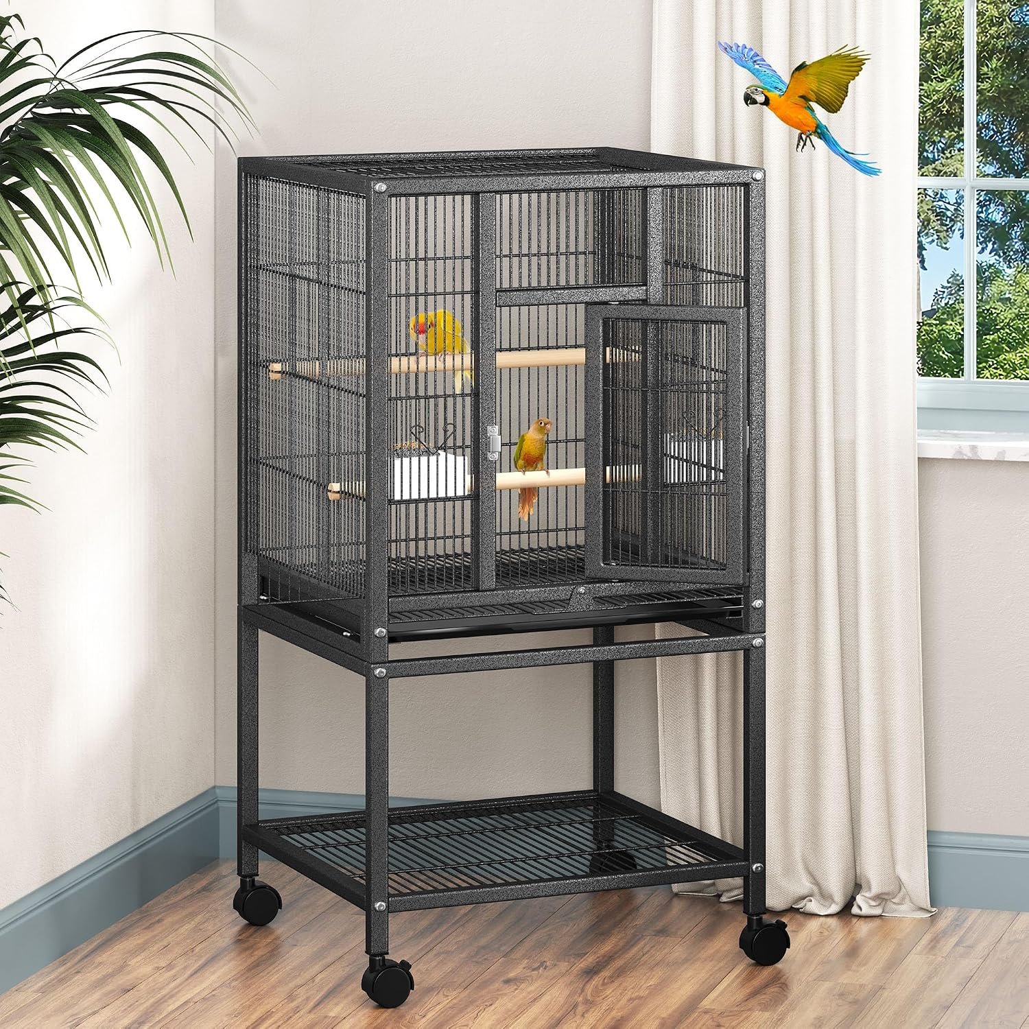 DWVO 41-inch Metal Bird Cage | Large Parrot Cages with Rolling Stand​ – Features Tray, Food Boxes & Wooden Perches