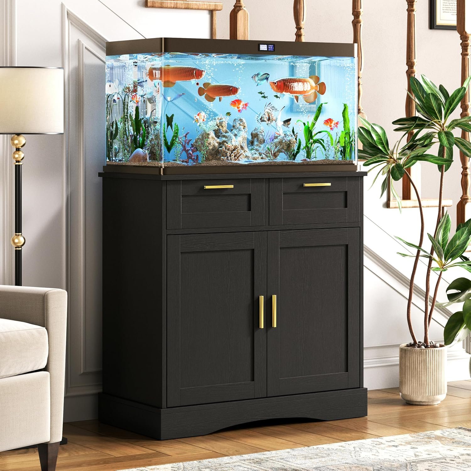 20 Gallon Fish Tank Stand, with Storage Cabinet and 2 Drawers Fish Tank Stand, Fish Tank Accessories Storage, for 20-29 Gallon Aquarium Stands PTBX01BK (Black, 30.71” x 15.75”)