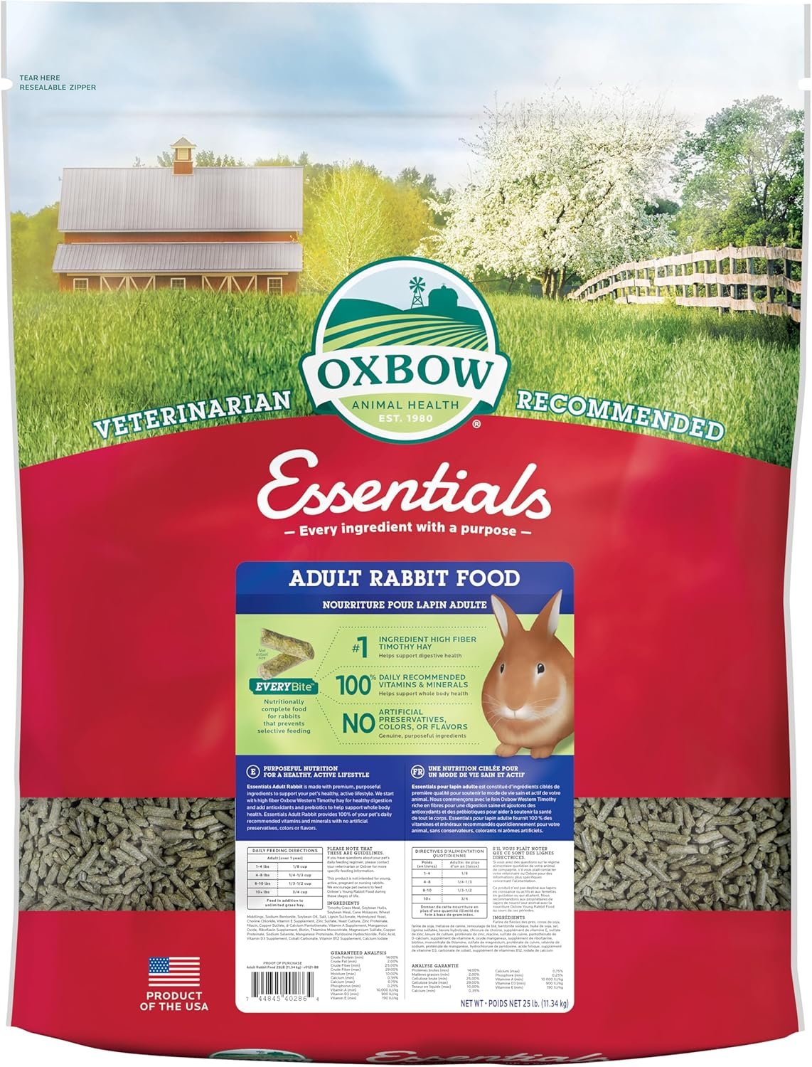 Oxbow Essentials Adult Rabbit Food, Timothy Hay Rabbit Pellets, USA, 25 lb | Bunny Food for Adult Rabbits, Made with High Fiber Oxbow Hay, Vitamins & Minerals, Uniform, Prevents Selective Feeding
