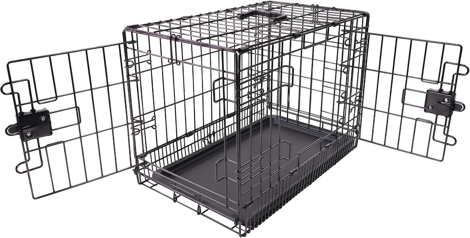 Amazon Basics Portable, Foldable Metal Wire Dog Crate with Removable Tray, Double Door, Divider Panel, Easy to Assemble, 30 x 19 x 21 in, Black