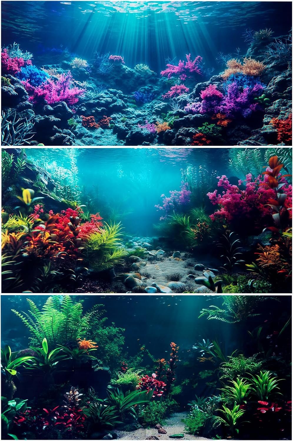 3 Pack Aquarium Background, 36×18 inch Polyester Aquarium Background | Cloth Fish Tank Background, Undersea Corals Sunshines & Rock Aquatic Plants, Backgrounds for Fish Tank