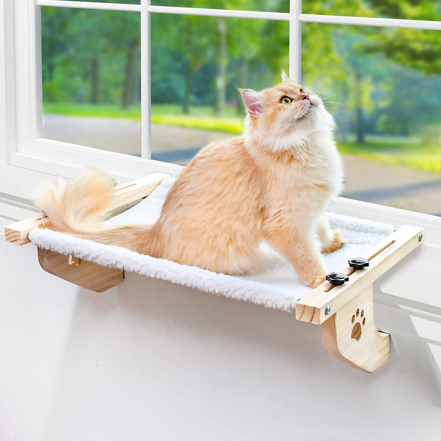 AMOSIJOY Cat Windowsill Perch with Wood & Metal Frame for Large Cat, 21.7in | Solid Wood Frame, Easy to Adjust, Washable Berber Fleece Cover, No Suction Cups Cat Window Seat for Windowsill, Bedside