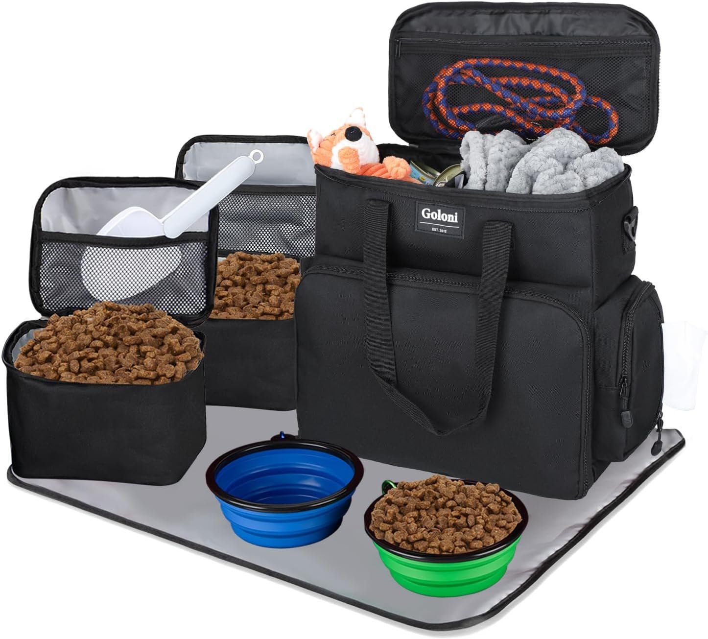 Dog Travel Bag Airline Approved–Pet Travel Tote with Collapsible Bowls,Food Containers & Feeding Mat–Multi-Pocket Organizer for Dogs & Cats, Durable & Water-Resistant for Hiking,Trips,Outdoors