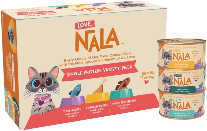 LOVE, NALA – Single Protein Flaked Wet Cat Food Variety Pack – Chicken, Tuna & White Fish – Natural, Hydration Broth, Grain-Free, Human-Grade Protein, Non-GMO, No Gums, No Carrageenan-2.8 oz,12 Cans