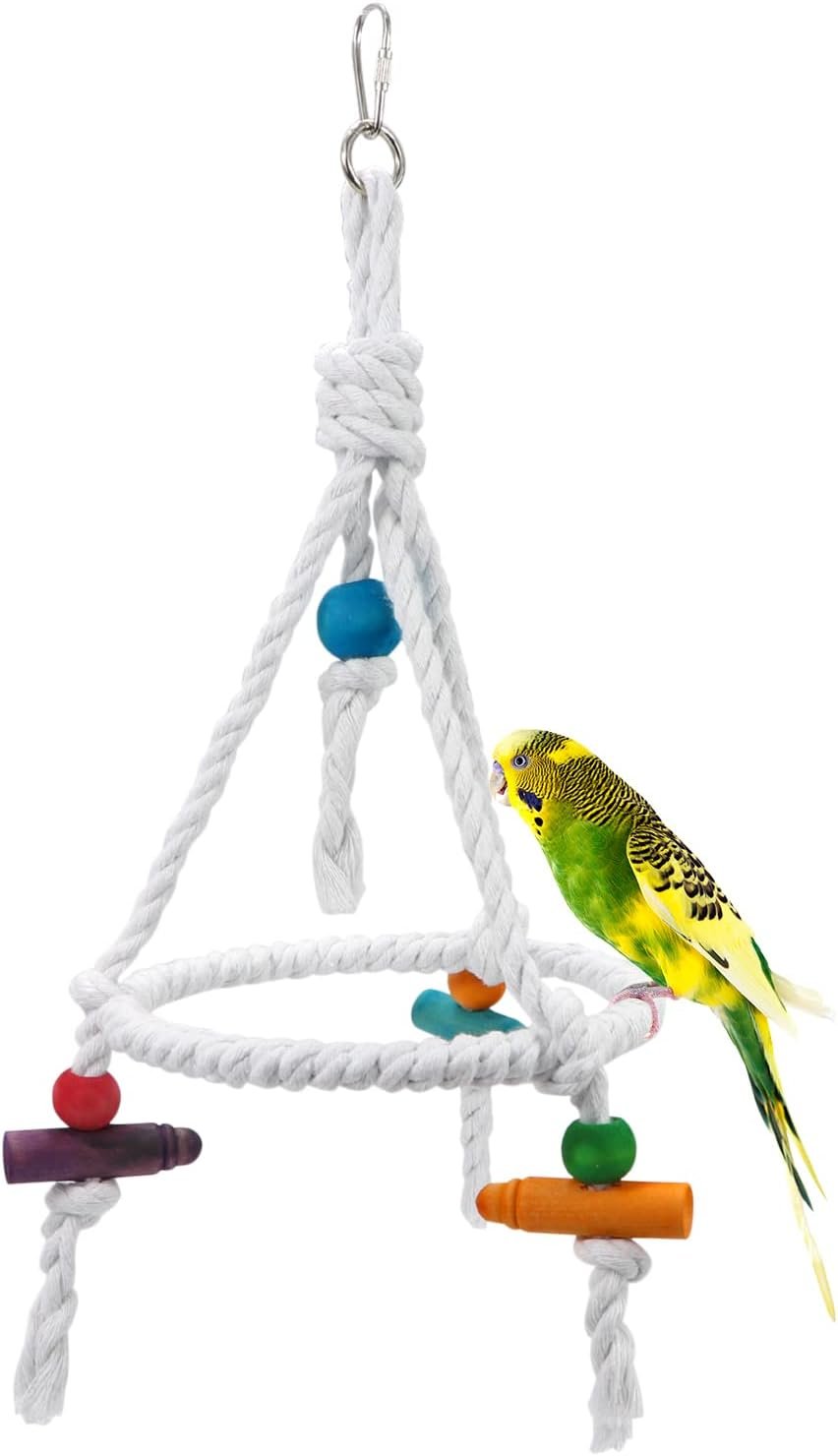 Litewoo Bird Parrot Cotton Swing Round Perch Stand with Chew Toy for Parakeet Budgie Cockatiel Finch Conure Canary Budgie | Natural cotton rope, trims beak, promotes balance & coordination, stand toy for small-medium birds/budgie/cockatiel/conure