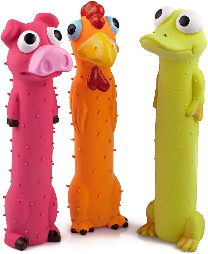 CHIWAVA 3PCS 9″ Squeaky Latex Dog Toy Standing Stick Animal for Medium Dogs | Puppy Fetch Interactive Play for Small Medium Dog,Indoor & Outdoor Training Toys,Assorted Colors