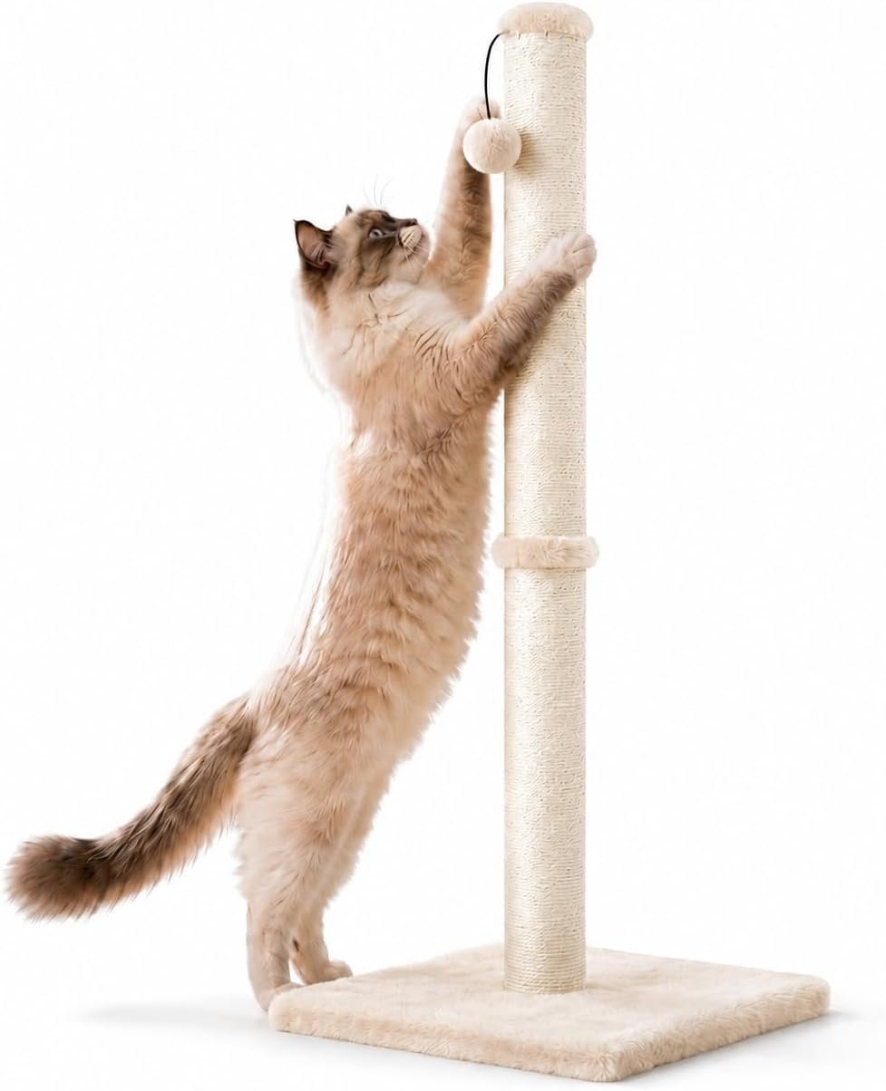 Dimaka 34″ Height Tall Cat Scratching Post, Claw Scratcher with Sisal Rope and Covered with Soft Smooth Plush, Vertical Scratch [Full Strectch] Cats (Beige, 34 inches for Large Cats)