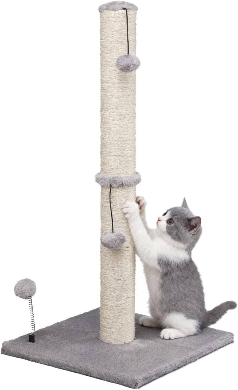 MECOOL 34“ Tall Cat Scratching Post Premium Basics Kitten Scratcher Sisal Scratch Posts Trees with Hanging Ball for Indoor Cats, Gray