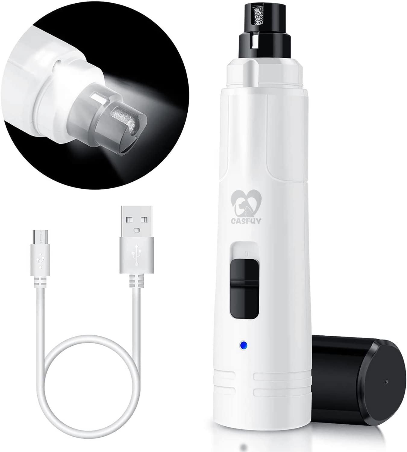 Casfuy Dog Nail Grinder with LED Light – Upgraded 2-Speed Electric Pet Nail Trimmer Powerful Painless Paws Grooming & Smoothing for Small Medium Large Dogs & Cats (White)