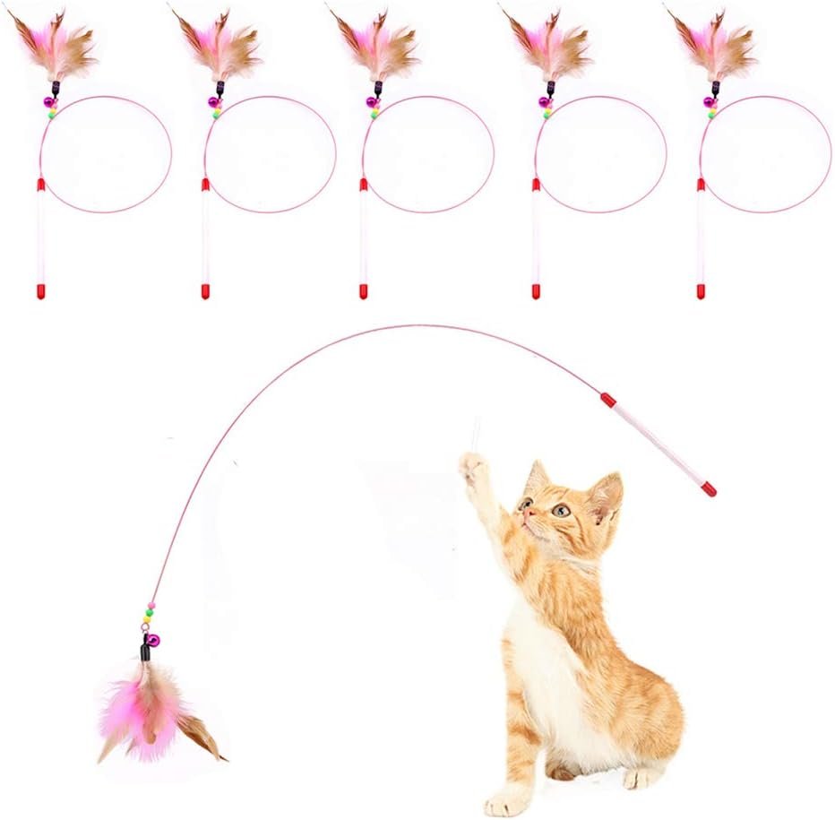Cat Feather Toy, 5 Pack Interactive Pet Kitten Chaser Teaser Wire Wand with Bell Beads for Cat Exercise Play Fun Gifts – Wholesale