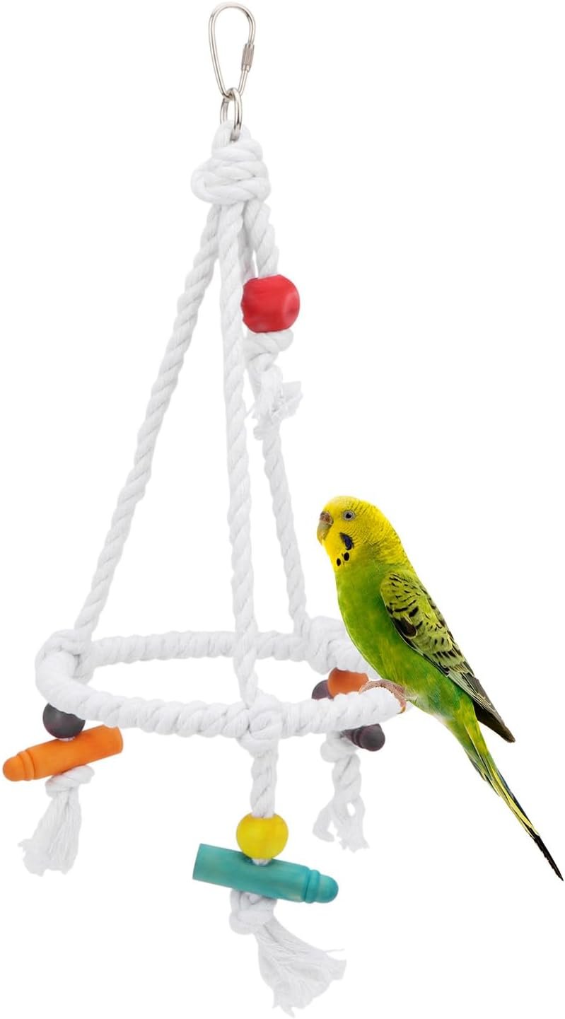 Hypeety Bird Swing Cotton Rope Round Hanging Hammock Perch Toy for Parakeet | Durable stainless steel ring with colorful beads, easy-hanging, stable ring struction, for budgies/conures/quakers, white