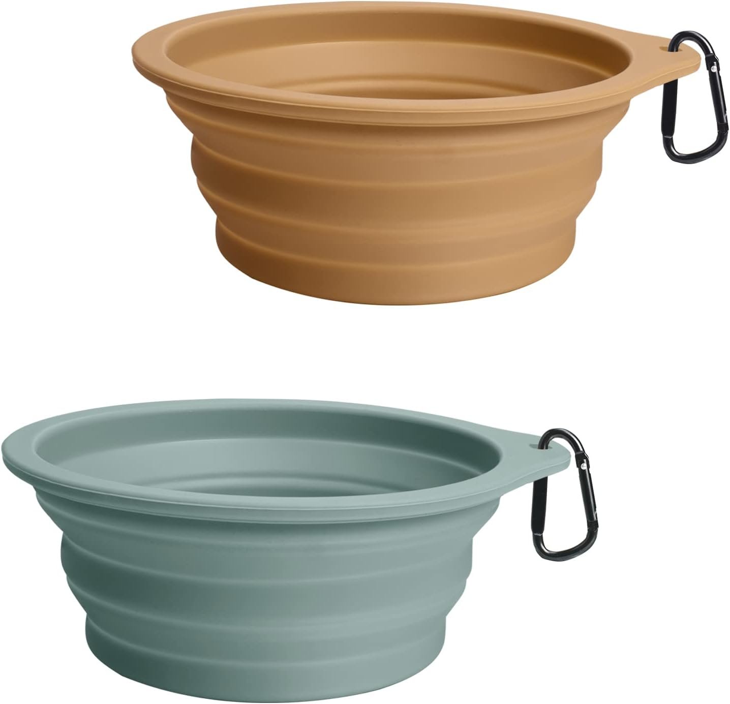 PetBonus 2-Pack Silicone Collapsible Dog Bowls, BPA Free Dishwasher Safe, Portable Foldable Expandable Travel Bowl, Food Water Feeding Cup Dish for Dogs Cats with 2 Carabiners (Turquoise, Tan) | 20 Oz, Silicone, Foldable Expandable Cat Feeding Cup Dish, 2 Carabiners, BPA Free, Dishwasher Safe (Turquoise, Tan)