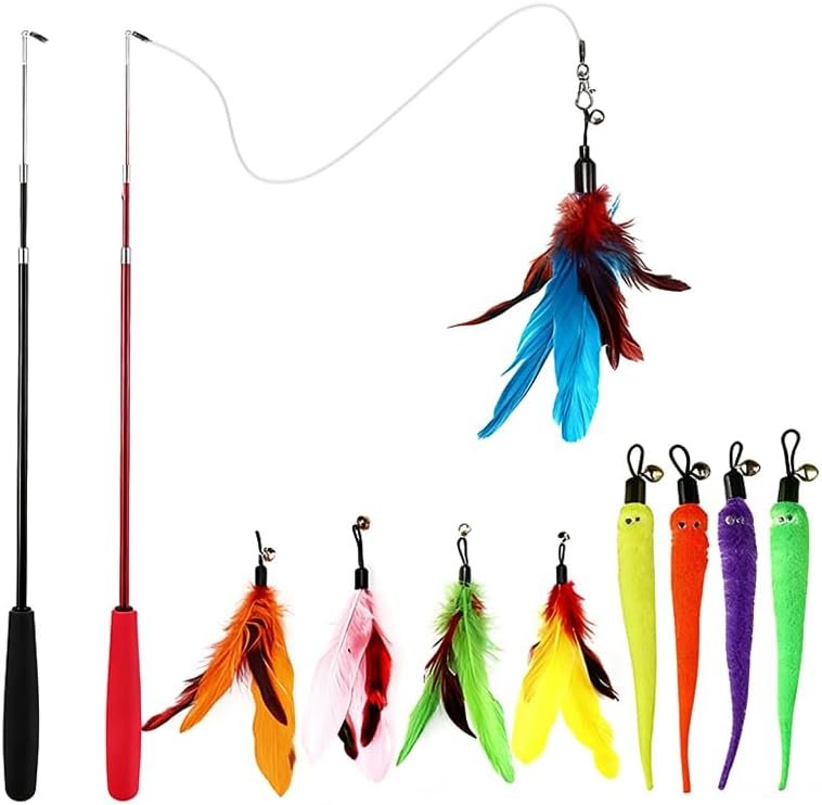 Cat Toys Set, 2 Retractable Wand with 9 Feather Toys Refills Catcher and Interactive Funny Exercise for Indoor Kitten