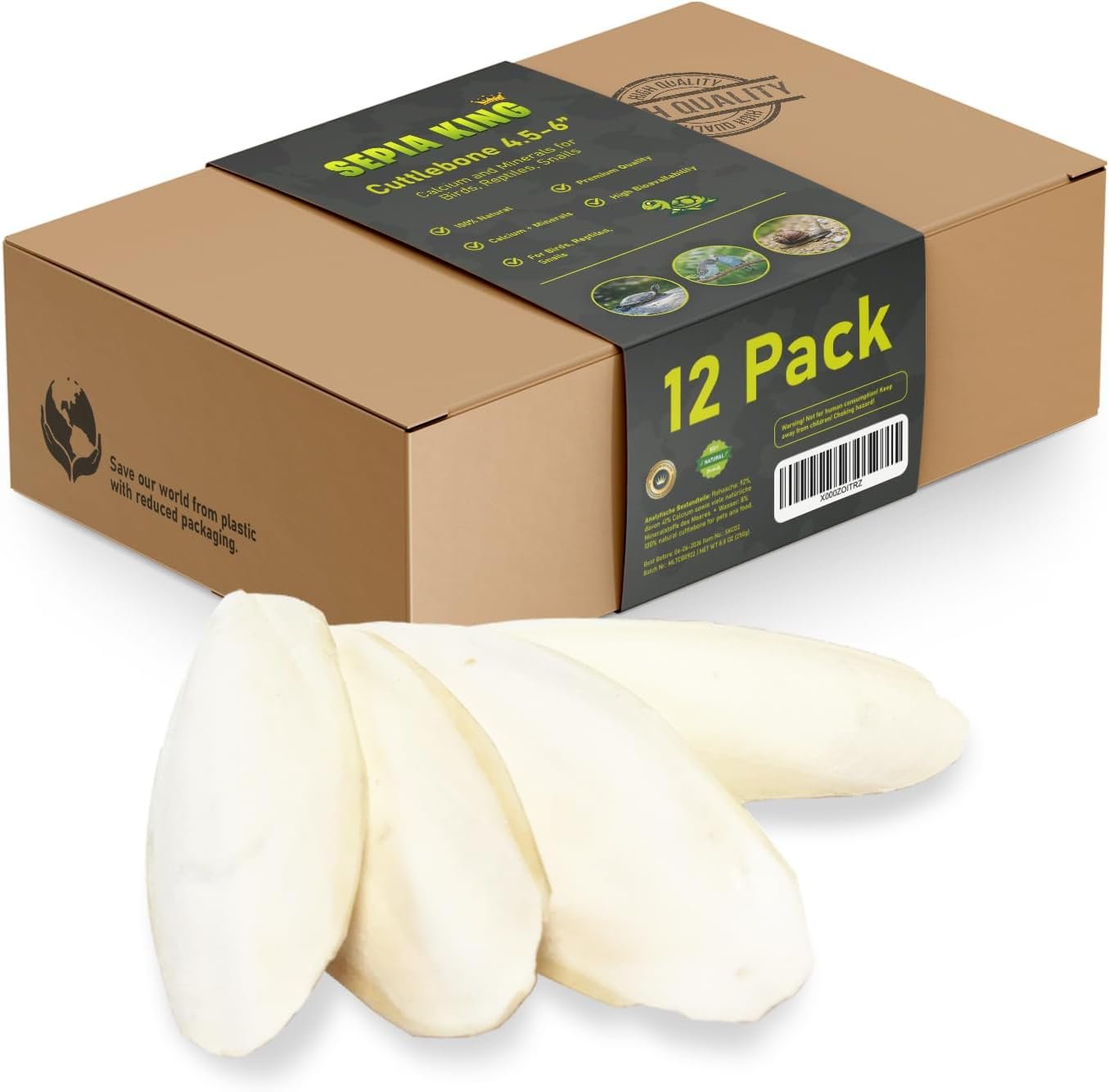 Sepia King – Medium – 100% Natural Calcium Supplement – Premium Cuttlebone Perfect for Birds, Tortoises, Snails, Reptiles – 12 Pack