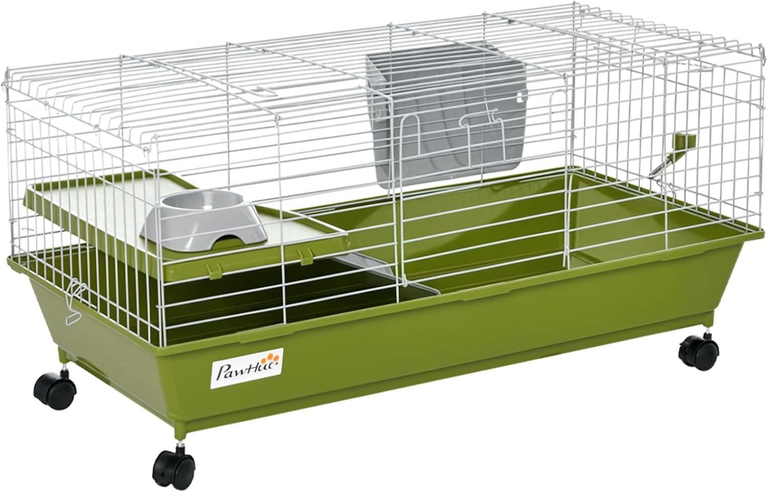 PawHut 35″ L Small Animal Cage, Rolling Bunny Cage, Guinea Pig Cage with Food Dish, Water Bottle, Hay Feeder, Platform, Ramp for Chinchilla, Green | Bunny Hutch, Food Dish, Water Bottle, Hay Feeder, Platform, Ramp