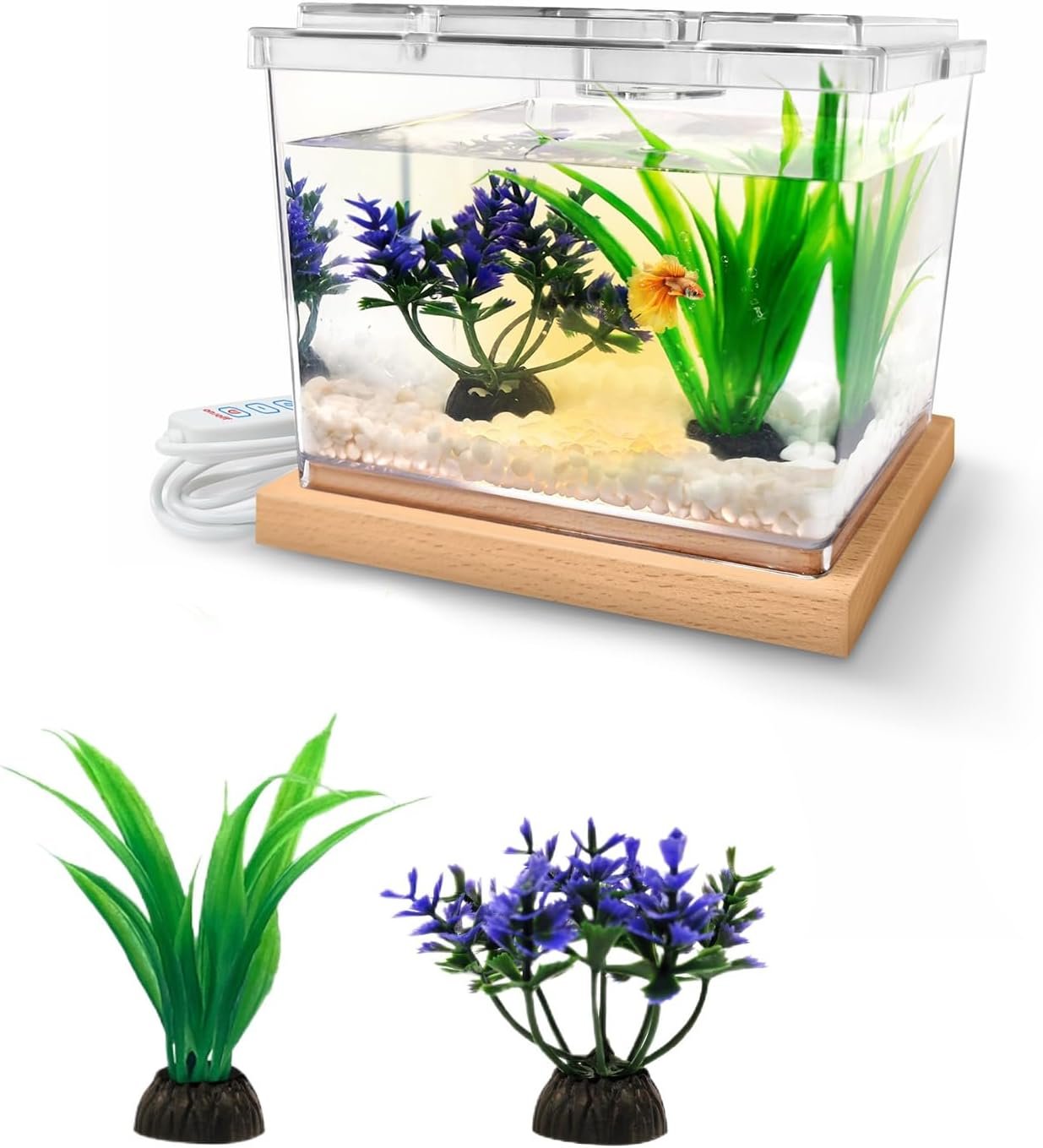 MoonOrange Mini Betta Fish Tank Kit with LED Light Base, 0.2 Gallon Temporary Holding Tank with Artificial Plants (Kit-2)