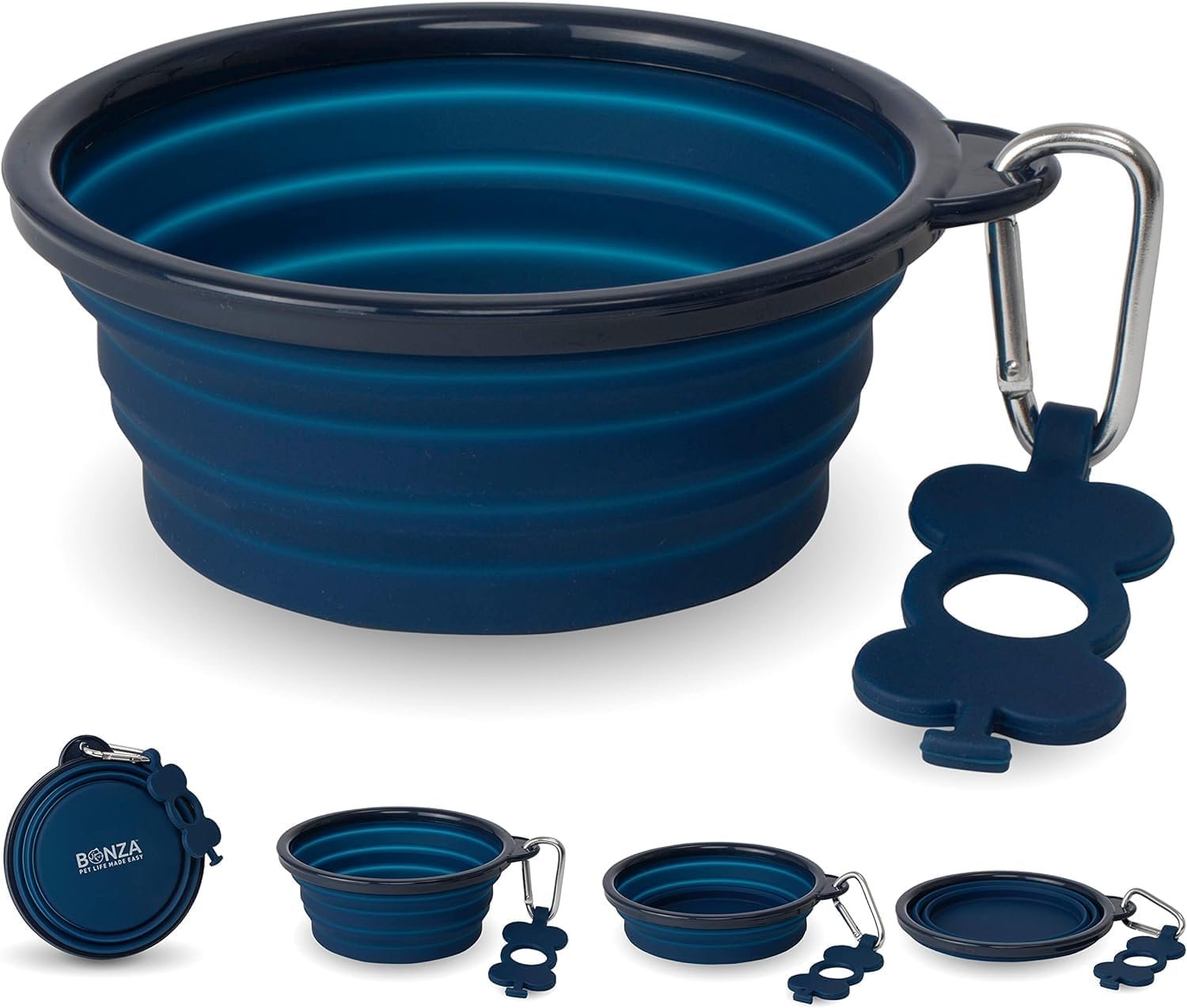 Bonza Collapsible Dog Bowls – 2 Pack, Small 12 oz, Dog Travel Accessories, Silicone Portable Dogs Bowl & Water Dish with Reinforced Rim & Carabiner for Hiking, Camping, and Car Trips, Navy Blue
