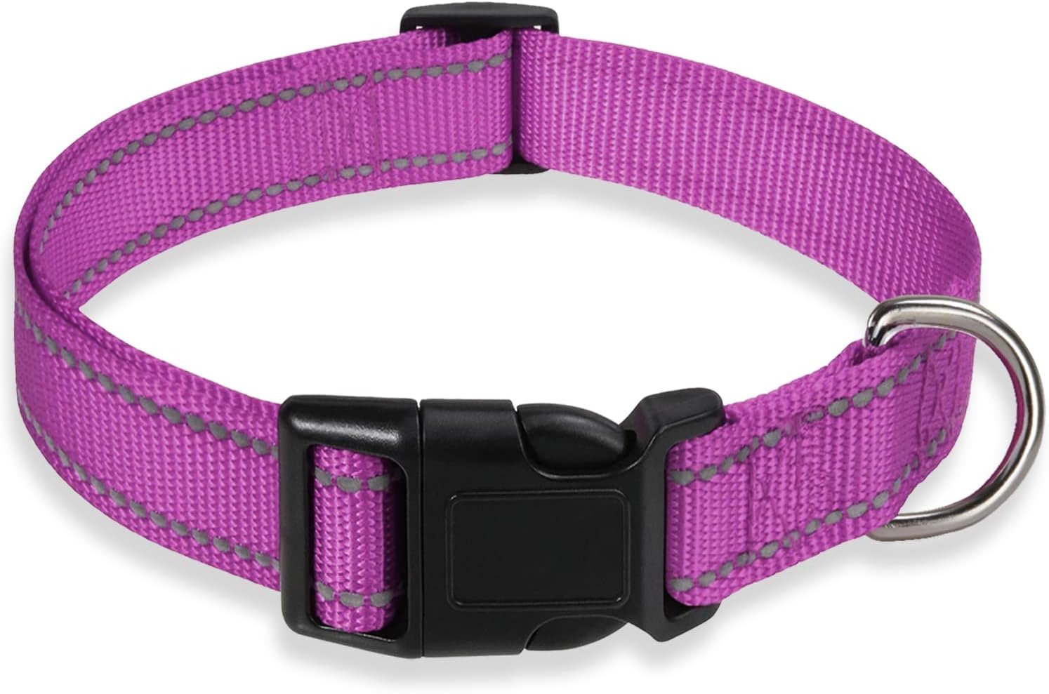Reflective Dog Collar with Buckle Adjustable Safety Nylon Collars for Small Medium Large Dogs, Purple M | Comfortable & Breathable, No Chafing on Walks and Outdoor Hikes, Metal D-Ring, Night Safety