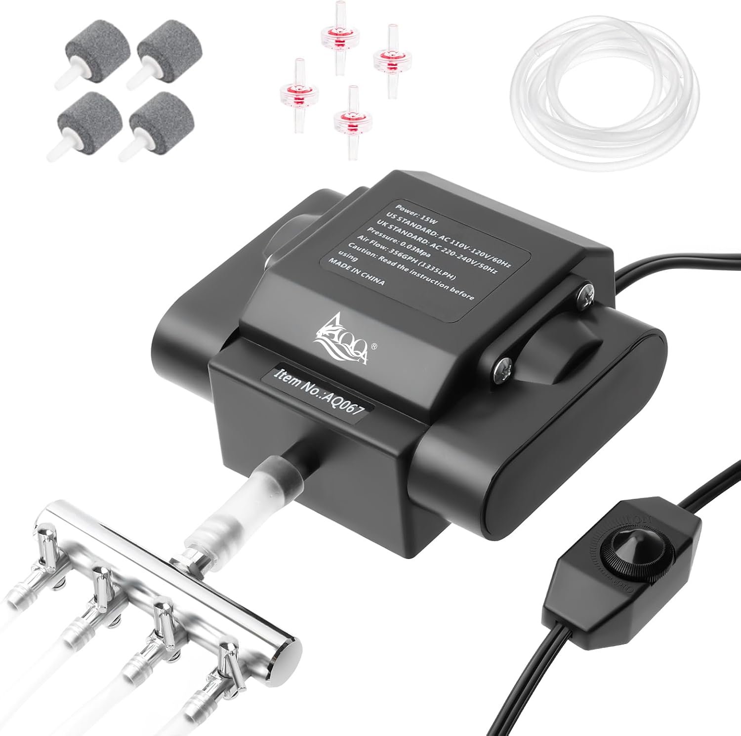 AQQA Aquarium Air Pump 10W 237GPH 4 Outlets Up to 600Gal | Powerful, Adjustable, For Basement Aquarium Hydroponic, Commercial with Accessories