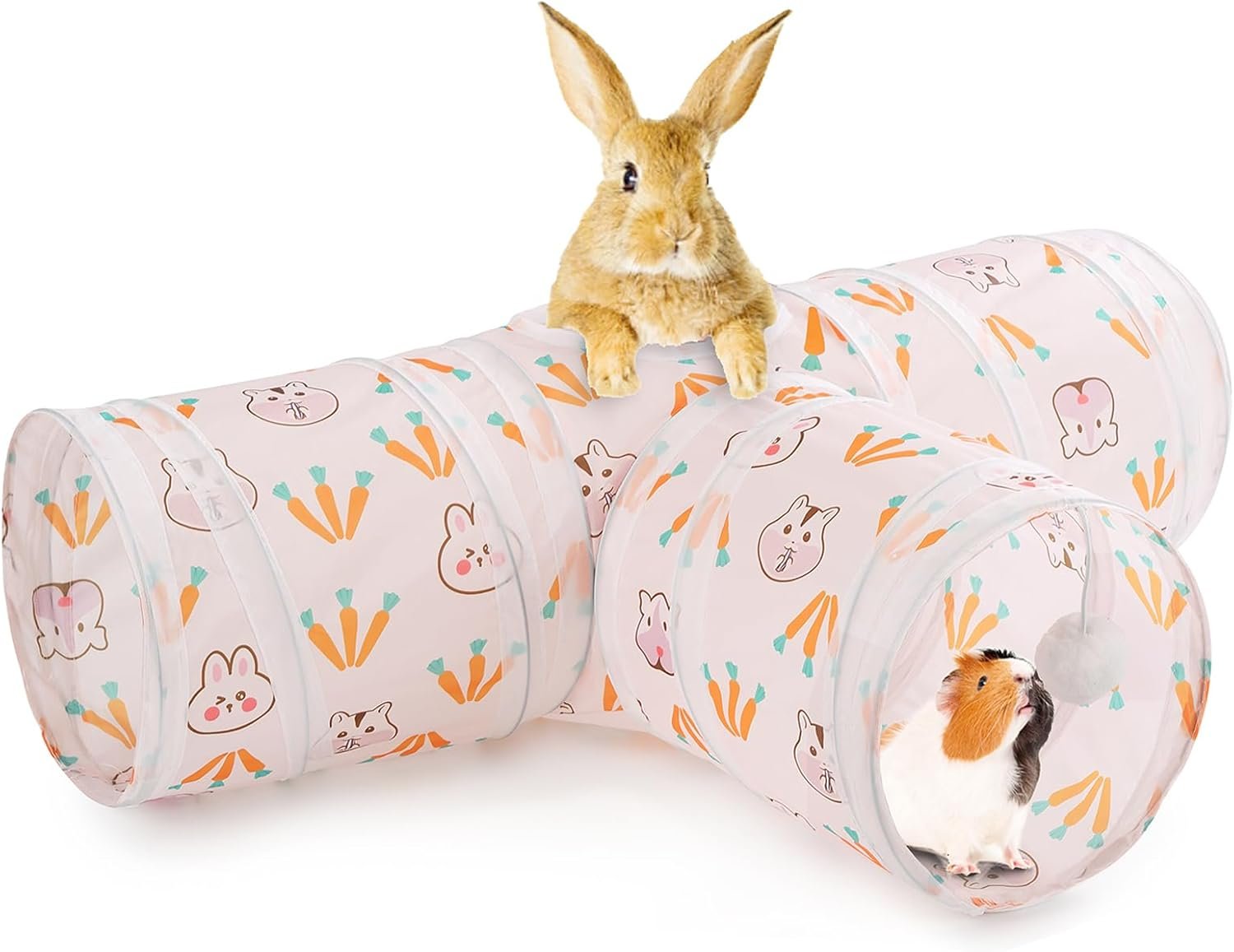 HERCOCCI Rabbit Toys, Bunny Tunnels & Tubes, Collapsible 3 Way Rabbit Hideout Tunnel with Chew Toys for Bunny Guinea Pig Ferret Kitten