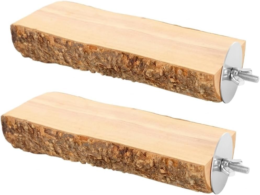 2 Pcs Natural Apple Wood Bird Perch Platform for Cage | Fits Small Parrots (Budgies, Conures) | Flat Top & Bark Underside to Support Foot Health | Tool-Free Mount