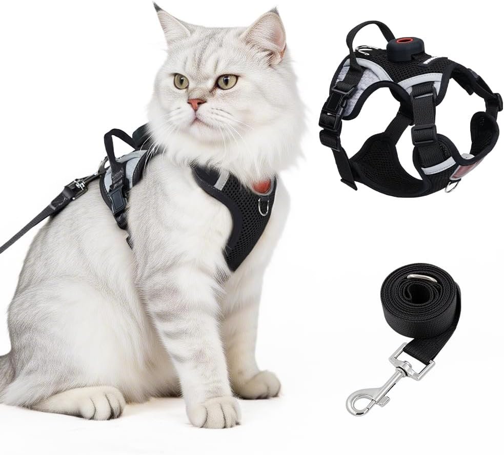 Cat Harness and Leash Set with Holder Compatible with AirTag, Upgraded Escape Proof Adjustable Vest Lead for Large Cat Small Dog Walking, Soft Breathable Mesh Jacket with Reflective Strips, Black, L