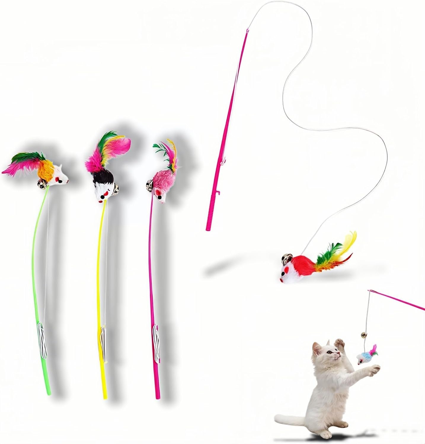 4-Pack Cat Wand Toys with Bells – Interactive Feather Teaser Wands for Indoor Cats & Kittens, Colorful Plush Mouse Lure, 11.8 Inch Fishing Pole Design for Exercise, Hunting & Boredom Relief