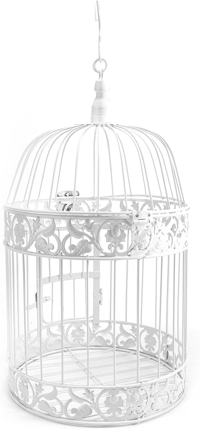 White Iron Decorative Birdcage for Weddings Events Home Decor Hanging with Hook (35x19cm/13.8×7.5in)