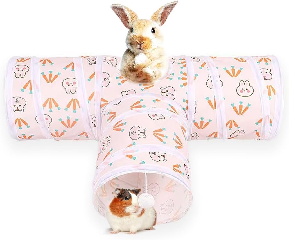 3 Way Washable Rabbit Hideout Toys, Guinea Pig Tunnels & Tubes | Foldable Small Pet Tunnels and Tubes for Ferret Hamster Chinchilla Hedgehog Hiding & Resting, Playing & Exploring, White