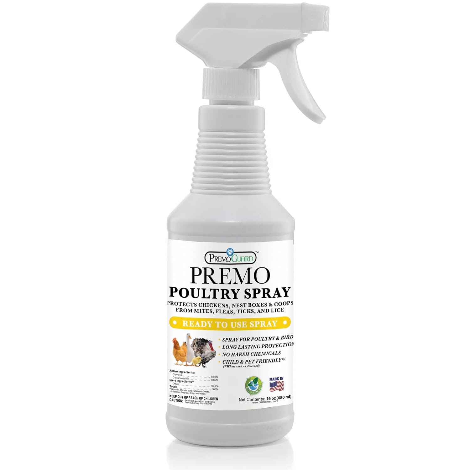 Premo Guard Natural Poultry Spray – Kills Scaly Leg Mites, Fleas, & Lice | Treats Chicken, Duck, Geese Pests, Spray Directly on Birds and Coops, Natural Plant Based Oils, Control & Prevention
