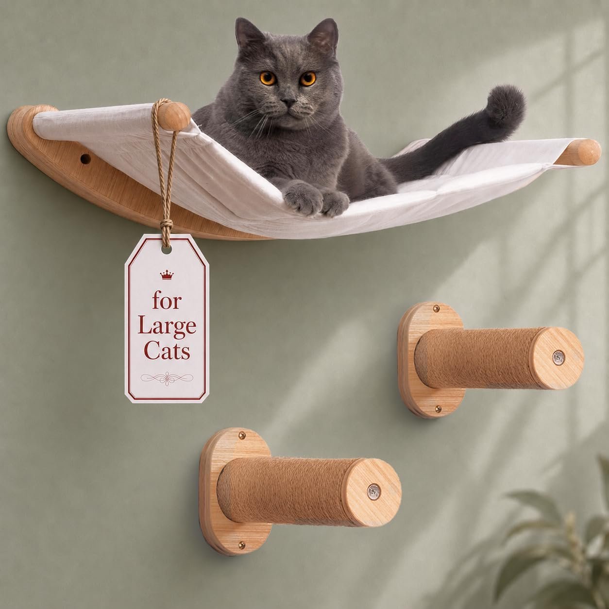 Cat Wall Shelves for Large Cats – Hammock and Steps Set | Featuring a roomy 21-inch cat wall hammock, padded removable cushion and 2 sturdy climbing steps for large cats