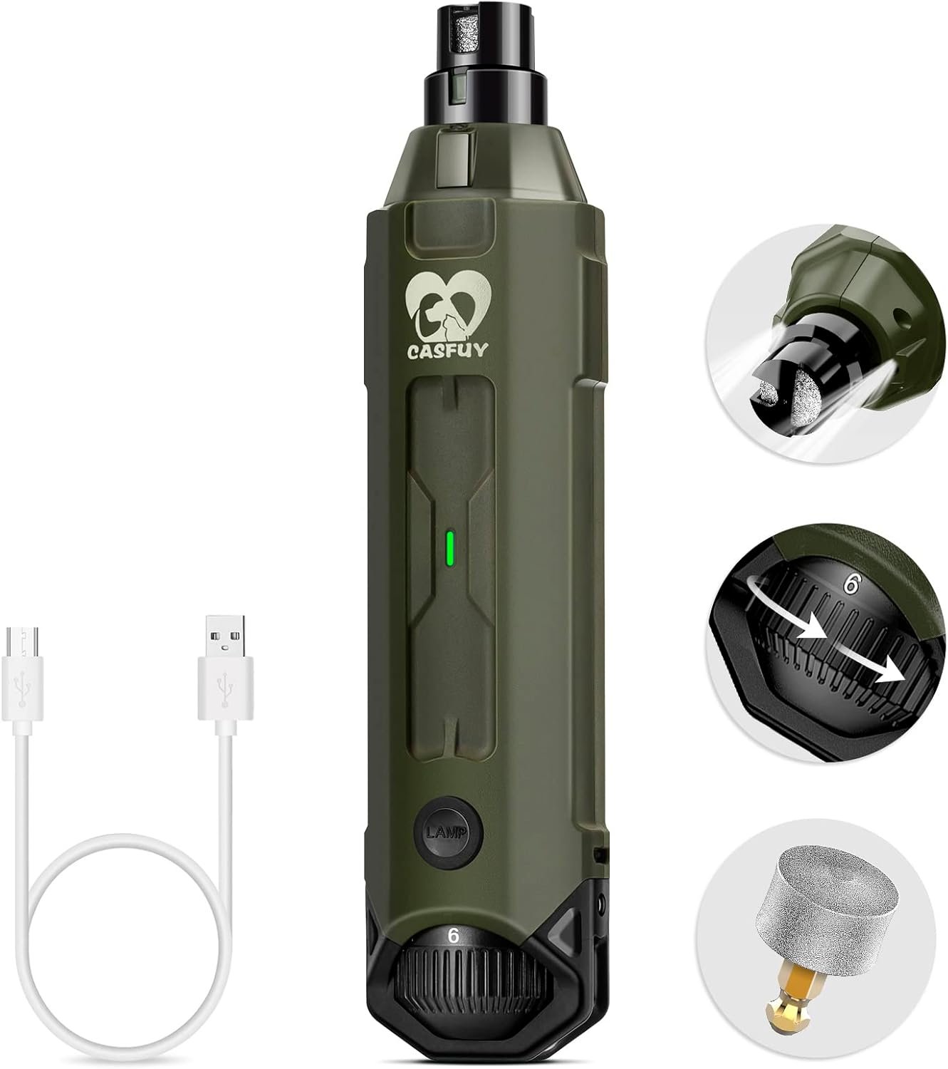 Casfuy 6-Speed Dog Nail Grinder – Newest Enhanced Pet Nail Grinder Super Quiet Rechargeable Electric Dog Nail Trimmer Painless Paws Grooming & Smoothing Tool for Large Medium Small Dogs (Army Green)