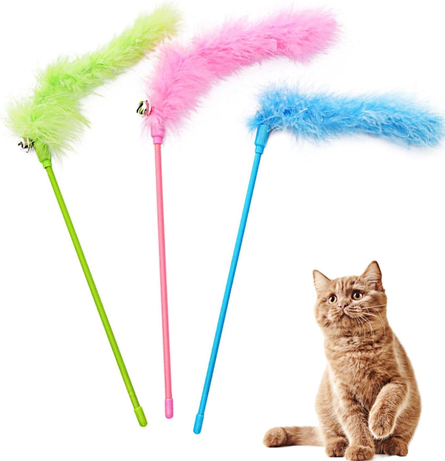 Cat Wand Toys, 3 PCS Interactive Feather Wands Colorful Cat Teaser Wand | with Bell for Indoor Cats and Kitties