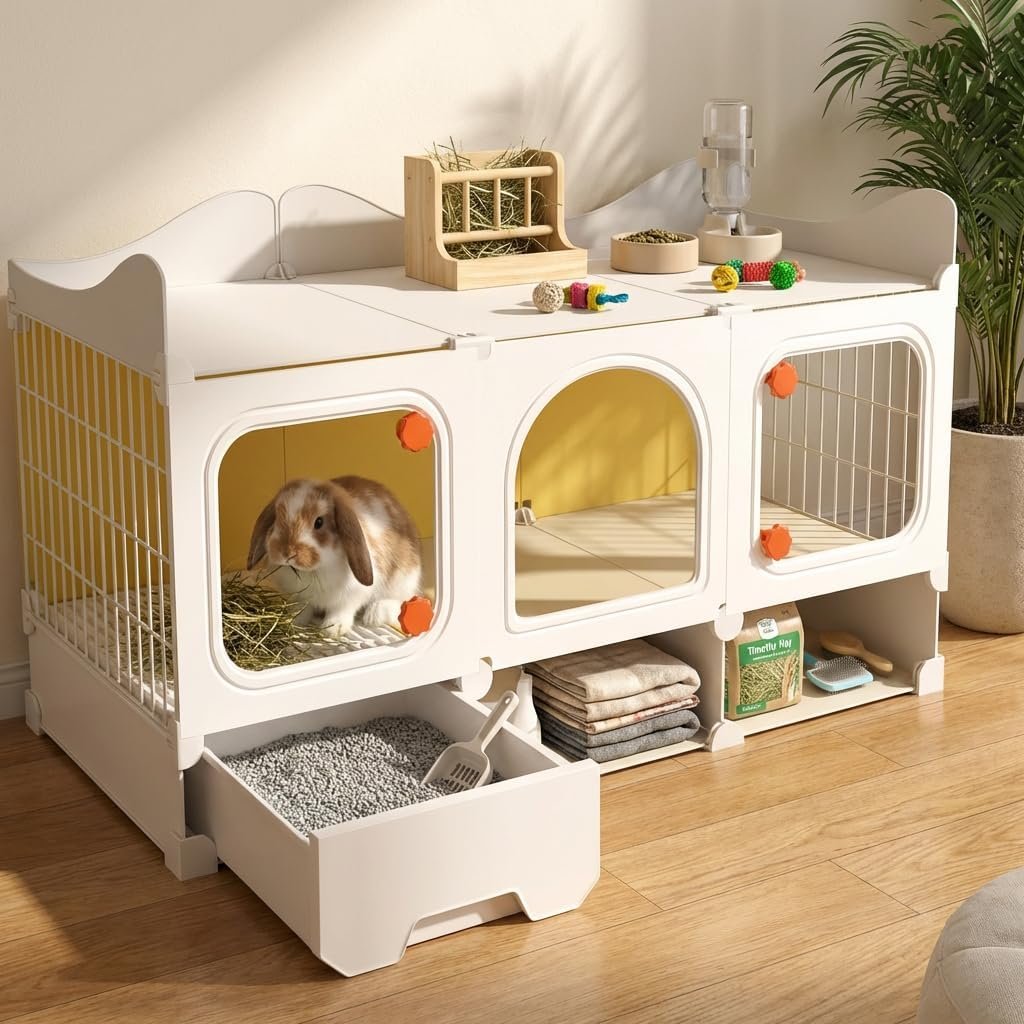 Rabbit Cage with Storage Space, Transparent Door & Waste Collection Tray – Sturdy, Spacious, & Easy-to-Clean – Ideal for Rabbits, Guinea Pigs, and Small Pets