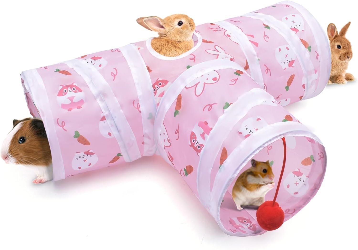 Bissap Rabbit Tunnel, 9.8” Collapsible Bunny Tunnel and Tube 3 Ways Pet Hideout with 1 Play Ball for Indoor Kittens Dwarf Rabbits Bunnies Guinea Pigs Chinchillas Small Animal Activity Fun Toys (Pink)