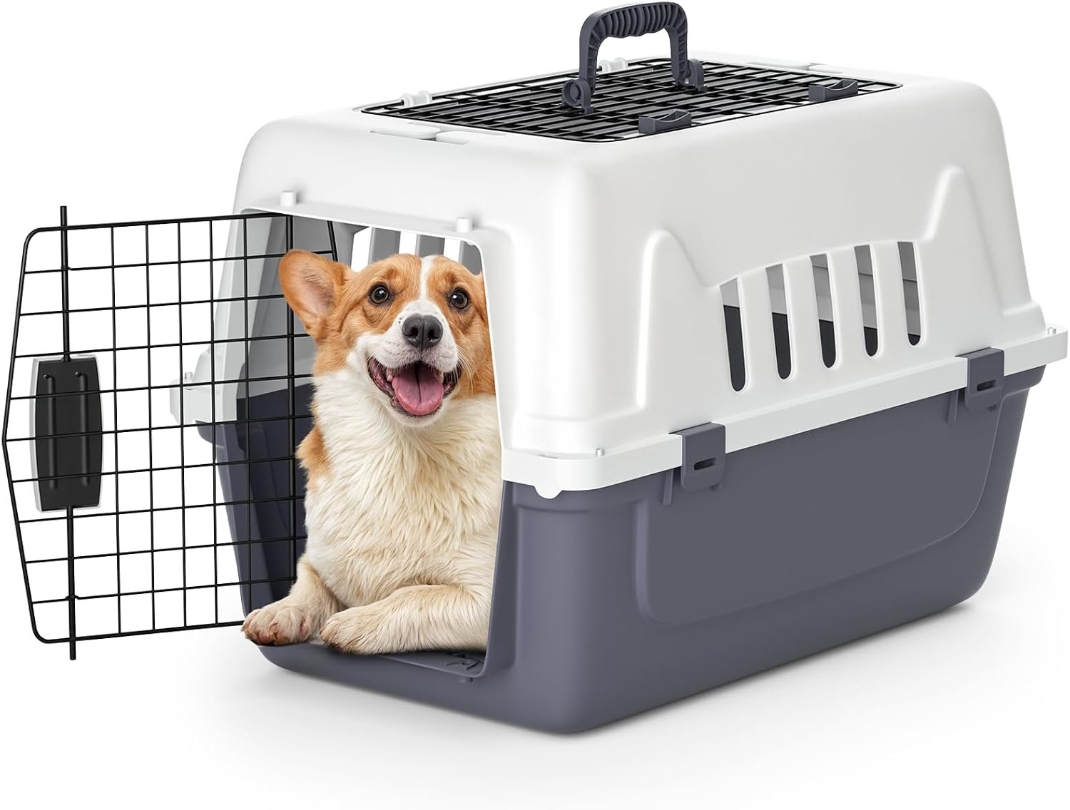22-Inch Dog Crate Plastic 2-Door Top Loading Cat Carrier, Hard-Sided Dog Travel Carrier for Small Dogs and Cats, Ventilation and Security Lock Design for Pets up to 22 lbs (Grey)