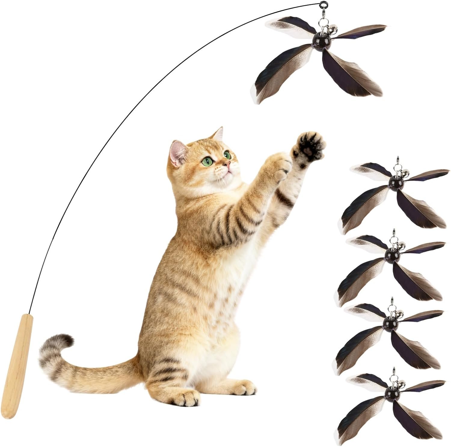 Cat Wand Toys Interactive for Indoor Cats, 4PC 4-Blade Feather Propeller Refills, 1PC Cat Wand (Classic Mocha Brown)