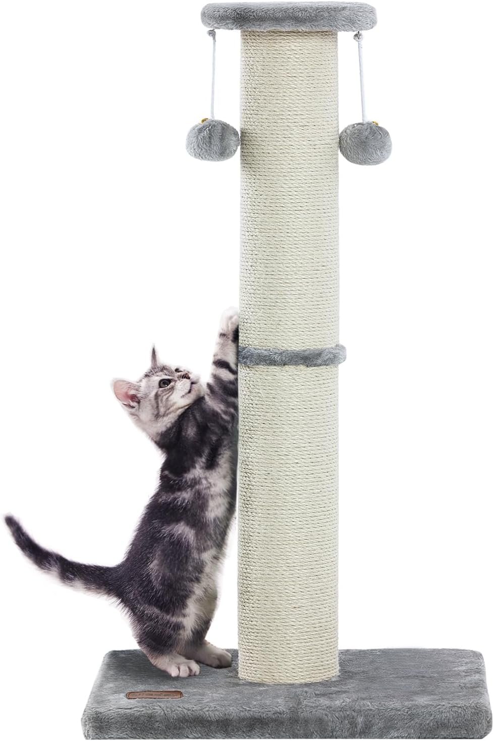34Inch Tall Cat Scratching Post for Indoor Cats Adults | 4.3Inch Diameter Large Cat Scratch Post, Sturdy and Durable Cat Scratcher with Dangling Balls, Natural Sisal, Grey