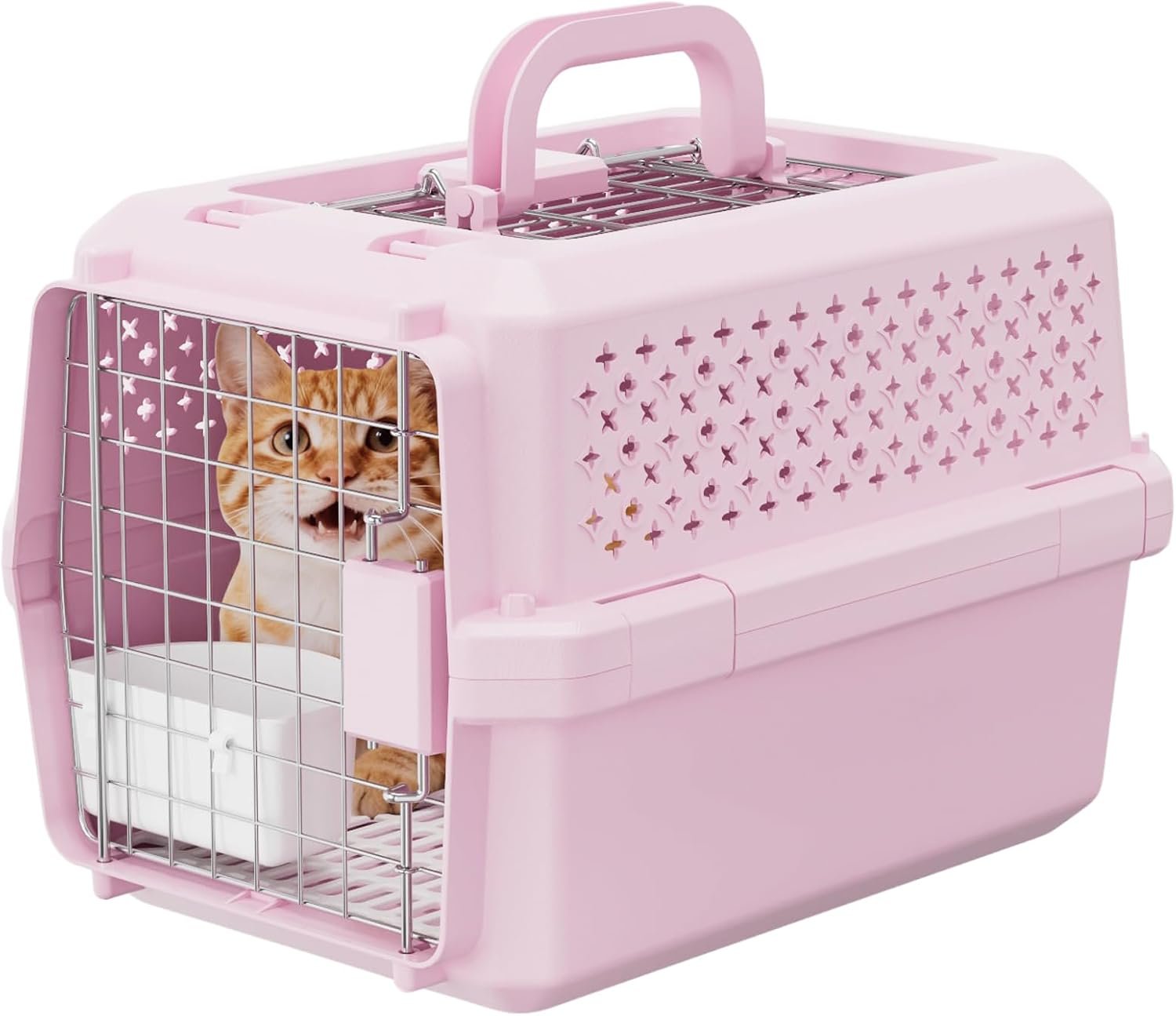 Airline Pet Carrier: Hard-Sided Small Cat & Dog Crate with Bowl | Airline-Approved Size / Durable Metal Locking Door / 360° Ventilation Panels / Top Handle for Easy Carry / Lightweight Shell
