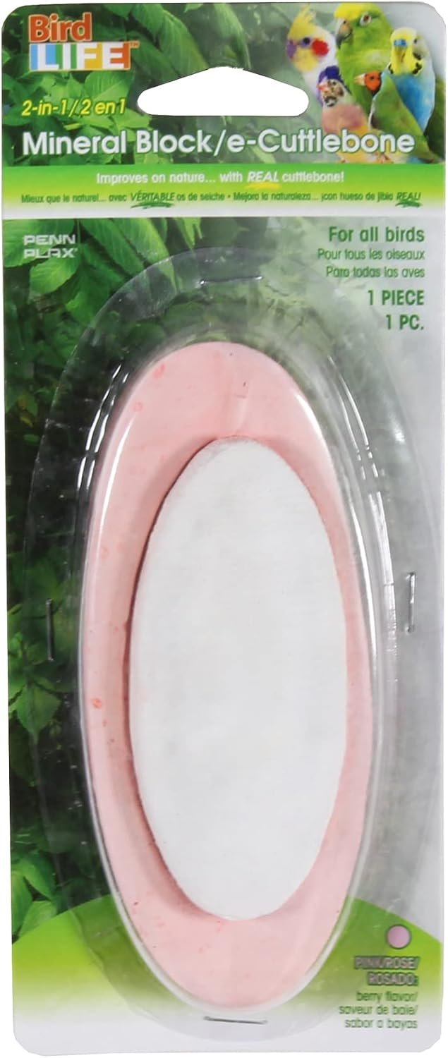 Penn-Plax Bird-Life 2-in-1 E-Cuttlebone & Mineral Block, 1 Pack (1 Count) – Pink Berry Flavor – Enriched with Vitamins, Omega 3 & Honey – Easy Mounting – Great for All Bird Sizes