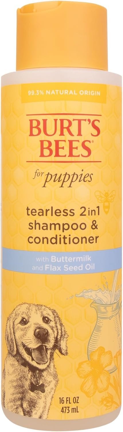 Burts Bees Tearless Puppy Shampoo & Conditioner with Buttermilk, 16 Fl Oz | Gentle 2-in-1 formula cleans and conditions sensitive puppy skin and coat, tearless for easy bath time
